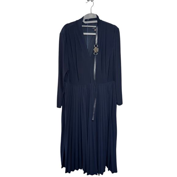 Tommy Hilfiger Dress Women 16 Plus Size Navy Blue Belt Pleat Long Sleeve Modest - Picture 1 of 14